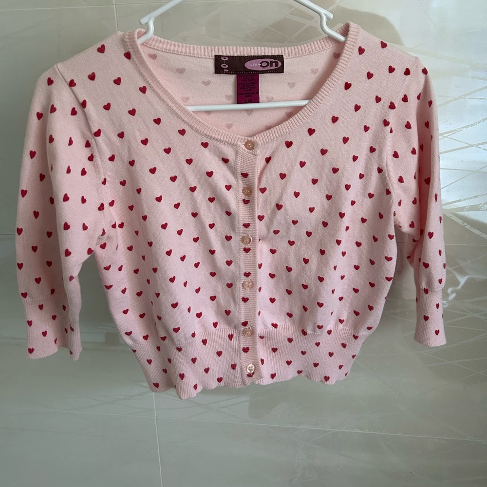 Pink Cardigan with Red Heart Pattern